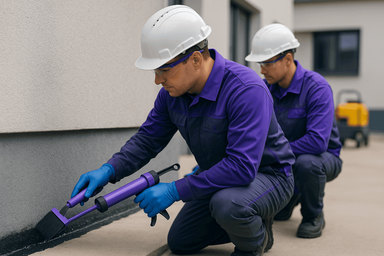 Two workers in safety gear applying waterproof sealant on building foundation exterior